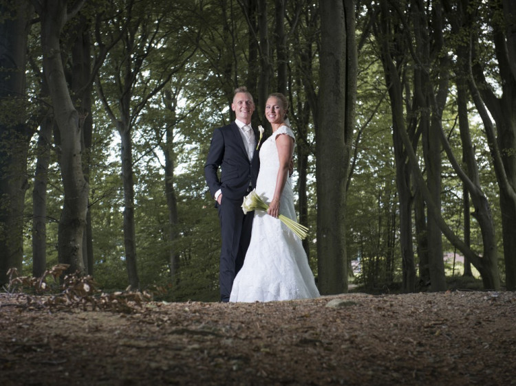 Bryllupsbillede i en skov, fotograferet nedefra